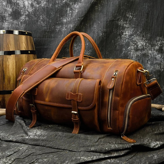 Vintage Leather Weekend Travel Bag With Shoe Pocket Big Capacity Real Leather For Men