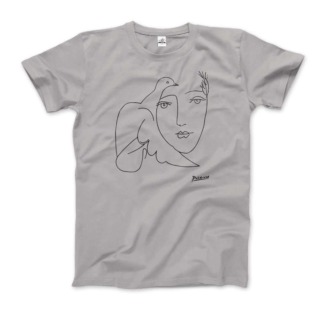 Pablo Picasso Peace (Dove and Face) Artwork T-Shirt for Men and Women-Men's Fashion - Men's Clothing - Shirts - Short Sleeve Shirts-Art-O-Rama Shop-Men-Silver-Granville Brothers