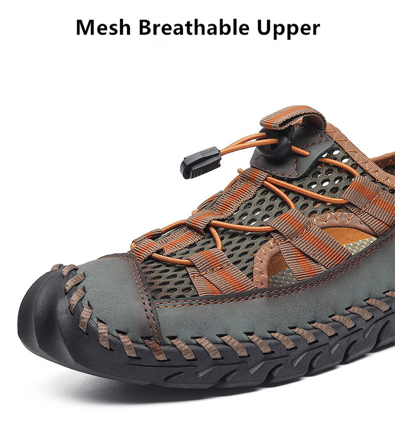 Genuine Handmade Leather Men's Casual Sandals Breathable Mesh Fabric Outdoors Beach