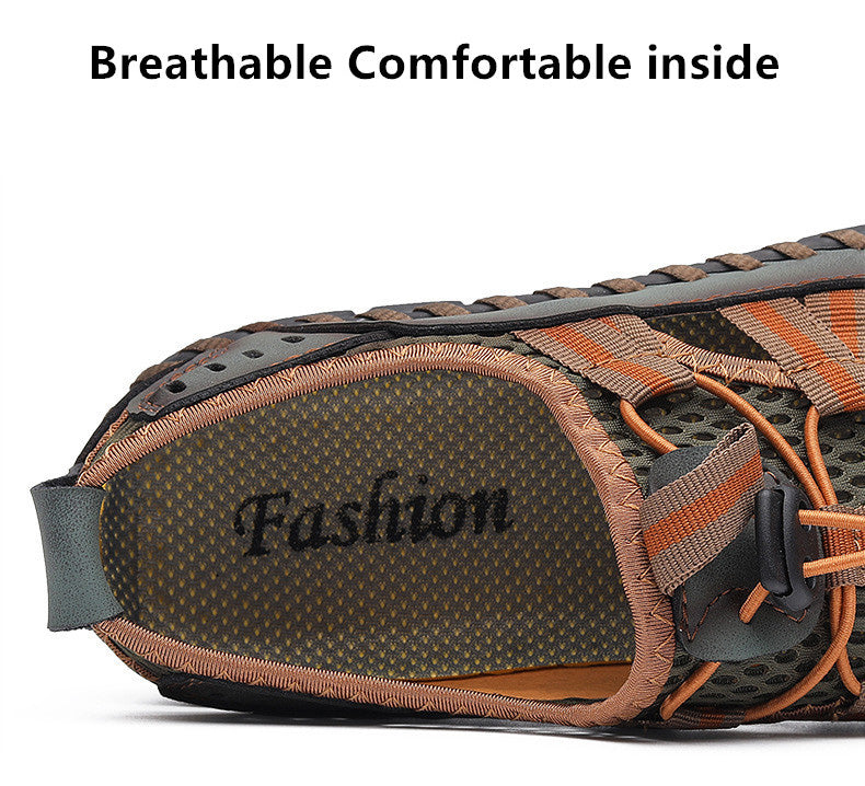 Genuine Handmade Leather Men's Casual Sandals Breathable Mesh Fabric Outdoors Beach