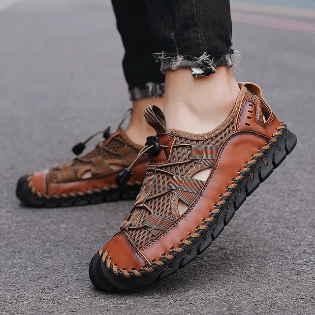 Genuine Handmade Leather Men's Casual Sandals Breathable Mesh Fabric Outdoors Beach