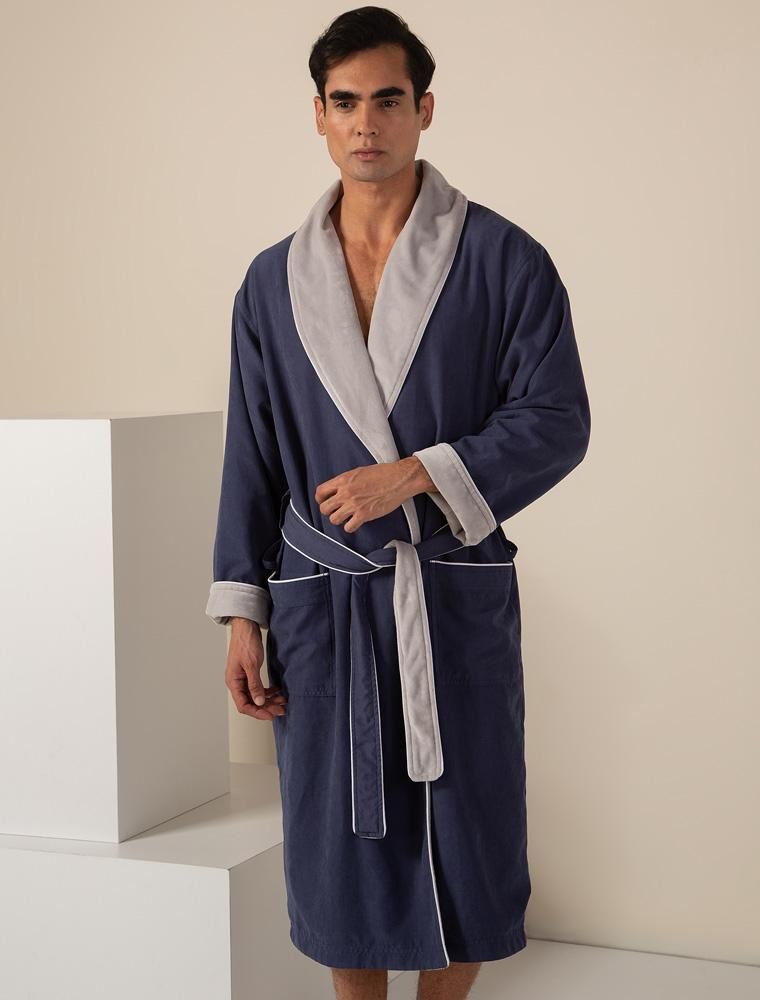 Men's Navy Plush Lined Double Layer Microfiber Robe