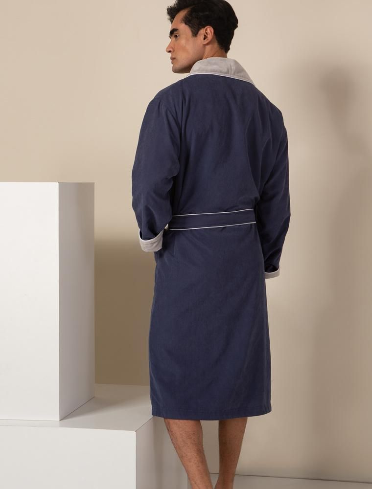 Men's Navy Plush Lined Double Layer Microfiber Robe