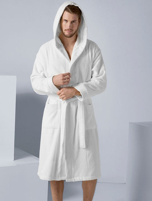 Men's White Turkish Cotton Hooded Terry Bathrobe